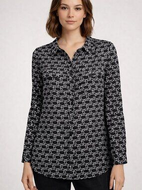 Lane Bryant Blouse 14 Plus Black White Geometric Button Up Office Chic